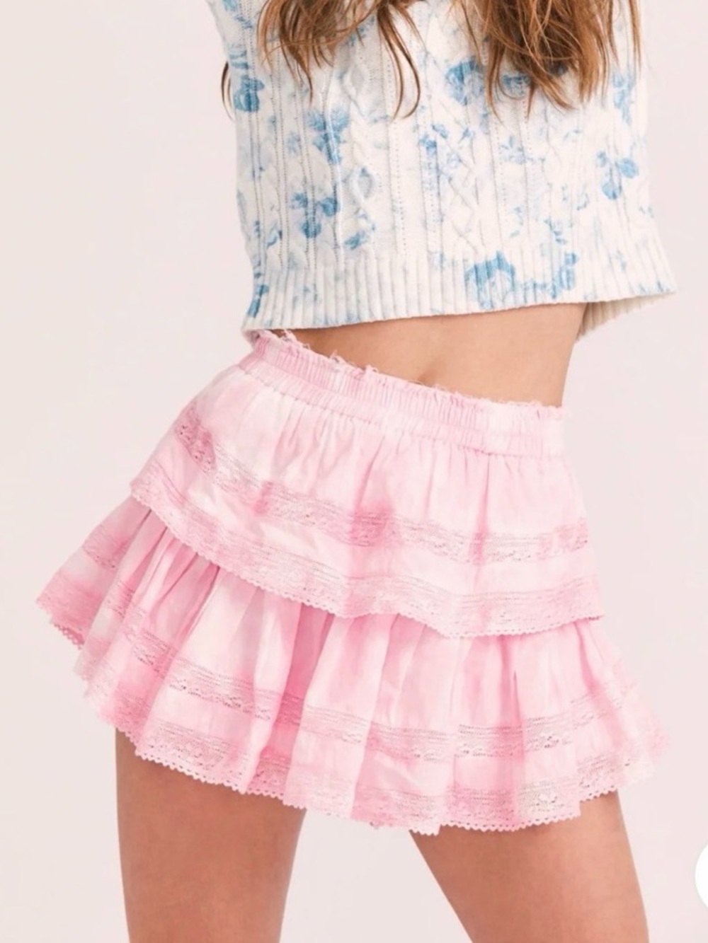 LoveShackFancy Island Pink Hand Dye Ruffle Lace Tiered Mini Skirt P XXS
